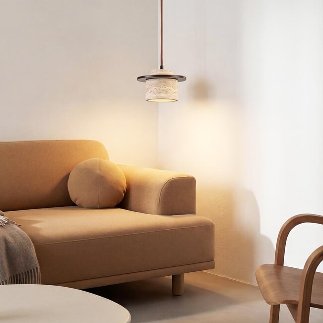 Japandi pendant light made of travertine (natural stone) and wood - Travano