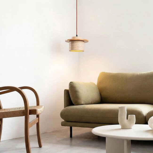Japandi pendant light made of travertine (natural stone) and light wood - Travia