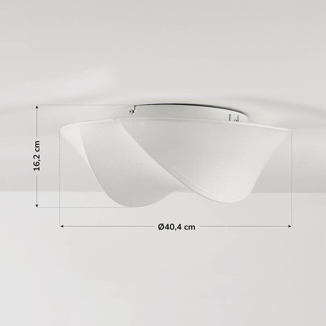 Ceiling light Trenara with white silk-look shade and fluid shape