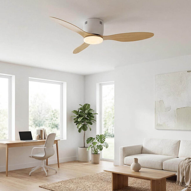 Ceiling fan, white with beech wood look, including remote control - Rivotra