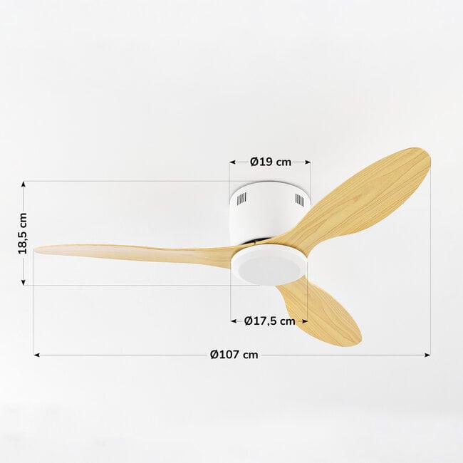 Ceiling fan, white with beech wood look, including remote control - Rivotra