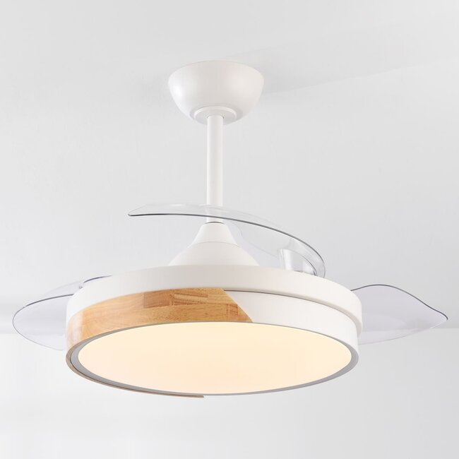 Ceiling fans with light and 3 fold-out blades, Vjetar - white with wood effect