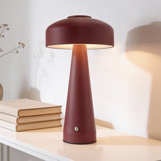 Rechargeable Soma mushroom lamp in red with touch dimmer and adjustable light colour