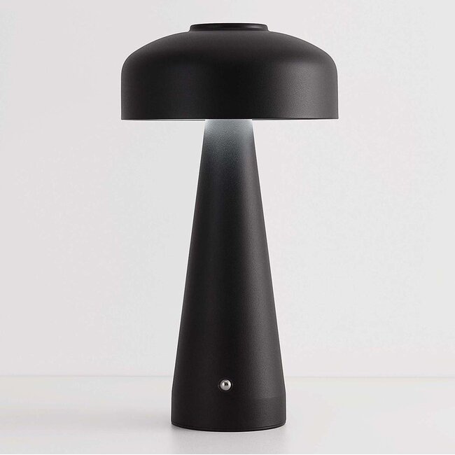 Rechargeable Soma mushroom lamp in black with touch dimmer and adjustable colour temperature
