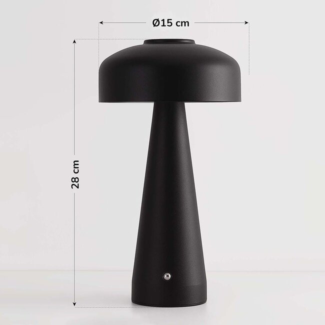Rechargeable Soma mushroom lamp in black with touch dimmer and adjustable colour temperature