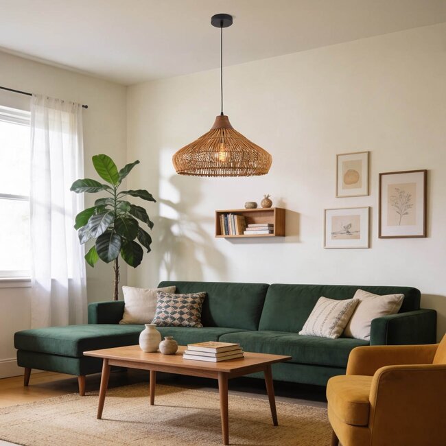 Pendant light Suki made of hand-woven rattan with wooden detail Ø49 cm