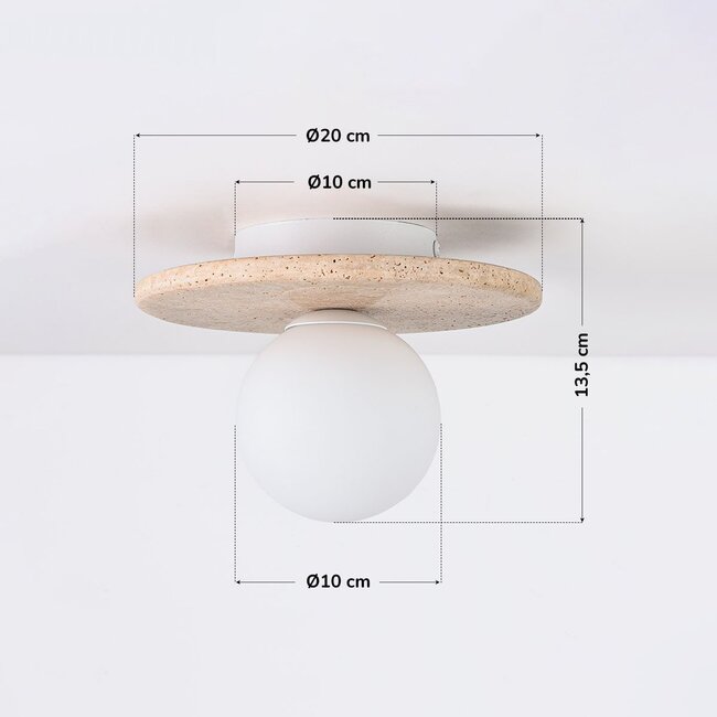 Ceiling light Cenno with travertine look and opal white glass