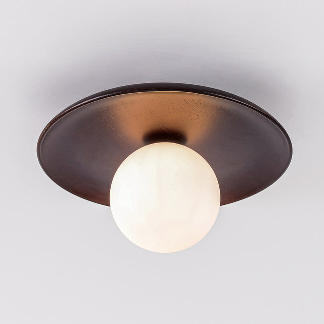 Ceiling light Ruvo in dark brown wood and opal white glass