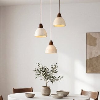 3-light Japandi pendant light Marena - travertine (natural stone) and wood