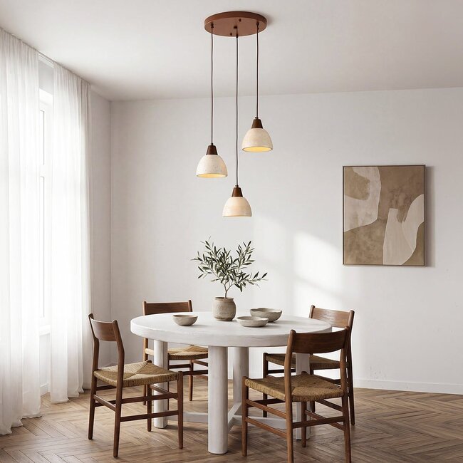 3-light Japandi pendant light Marena in travertine (natural stone) and wood