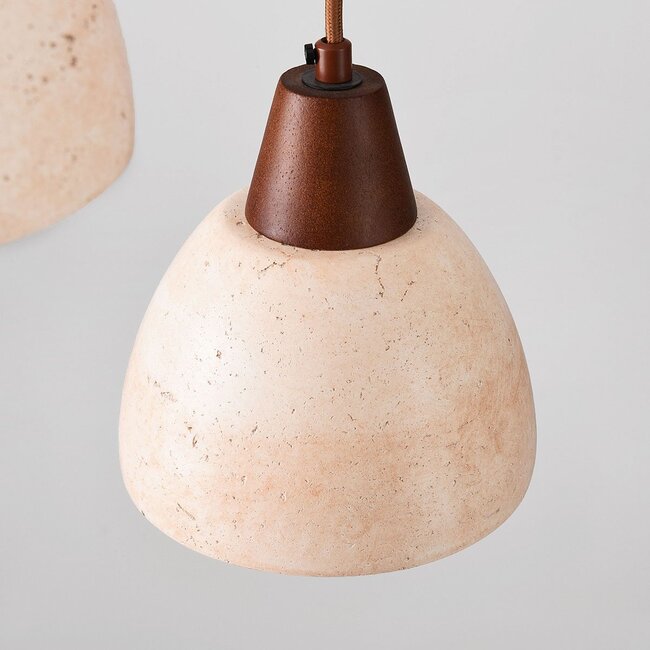 3-light Japandi pendant light Marena in travertine (natural stone) and wood
