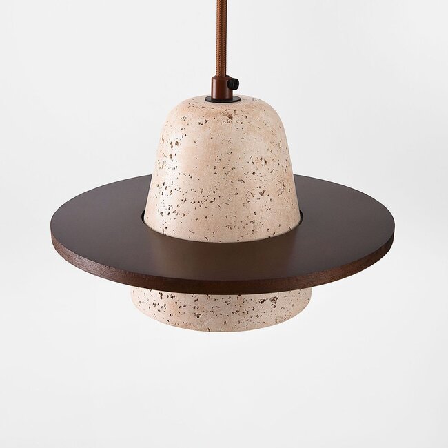 Pendant light Caelio in travertine (natural stone) with wooden detail