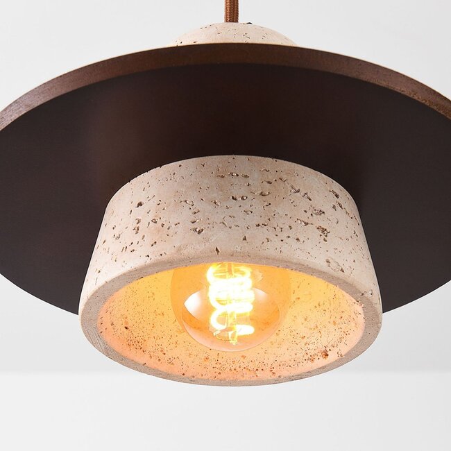 Pendant light Caelio in travertine (natural stone) with wooden detail