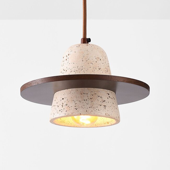 Pendant light Caelio in travertine (natural stone) with wooden detail