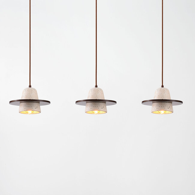 3-light Japandi pendant light Caelio in travertine (natural stone) with wood details