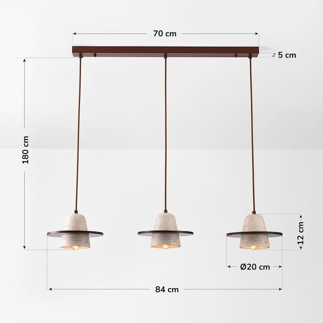 3-light Japandi pendant light Caelio - travertine (natural stone) and wood