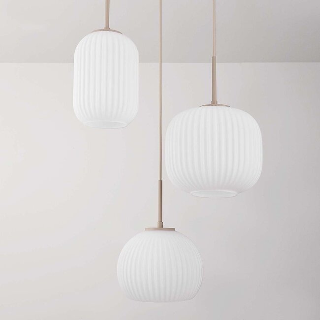Serilda beige pendant light with 3 ribbed opal white glass shades
