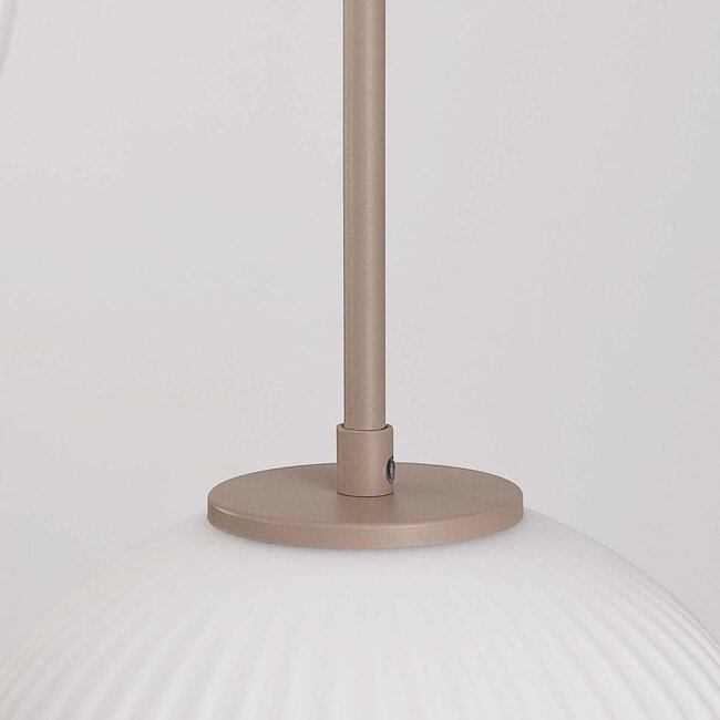 Modern beige Odalyn pendant light with 6 ribbed opal white glass shades