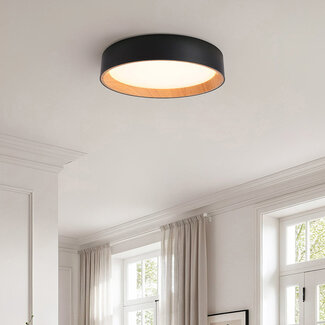 LED ceiling light Larios, 3-step dimmable Ø39 cm - black with wood accent