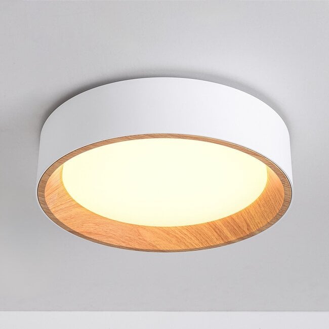 LED ceiling light Larios, 3-step dimmable Ø29 cm - white with wood accent