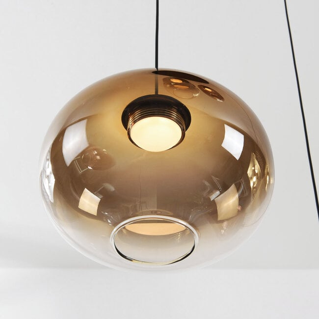 3-step dimmable pendant light Kafei with LED and glass globes in gold, smoked and copper