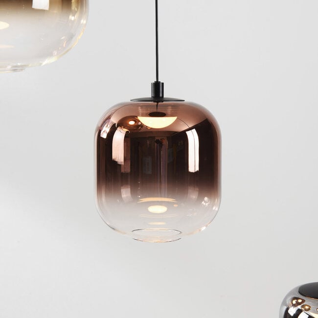 3-step dimmable pendant light Kafei with LED and glass globes in gold, smoked and copper
