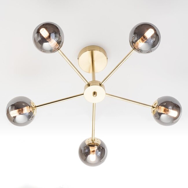 5-light industrial ceiling light Leah - gold and smoked glass