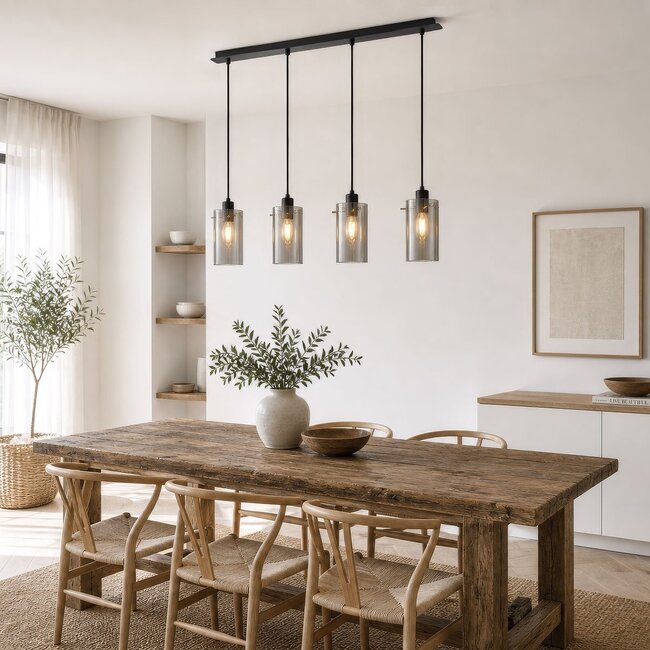4-light pendant light Worth - matt black and smoked glass