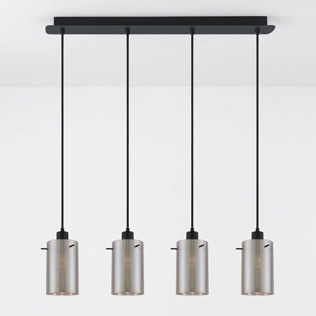 4-light pendant light Worth - matt black and smoked glass