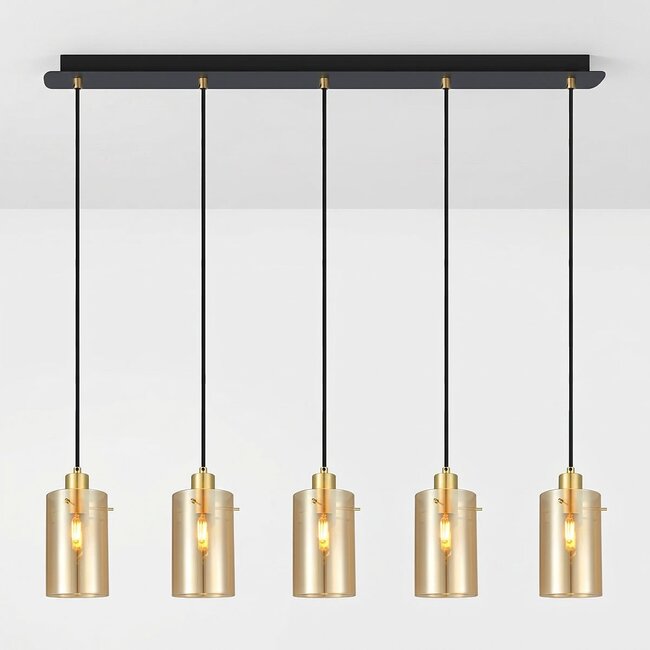5-light pendant light Seattle - matt black, sand gold and amber