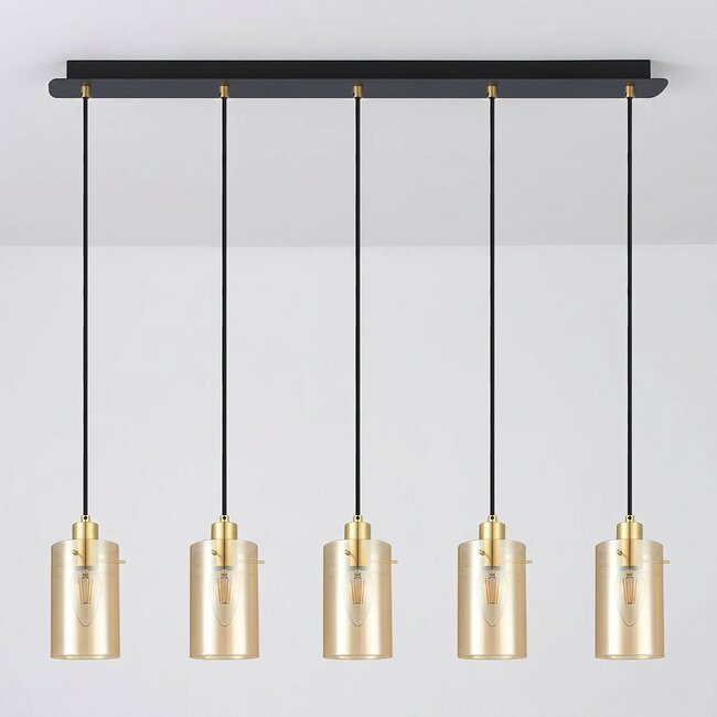 5-light pendant light Seattle - matt black, sand gold and amber