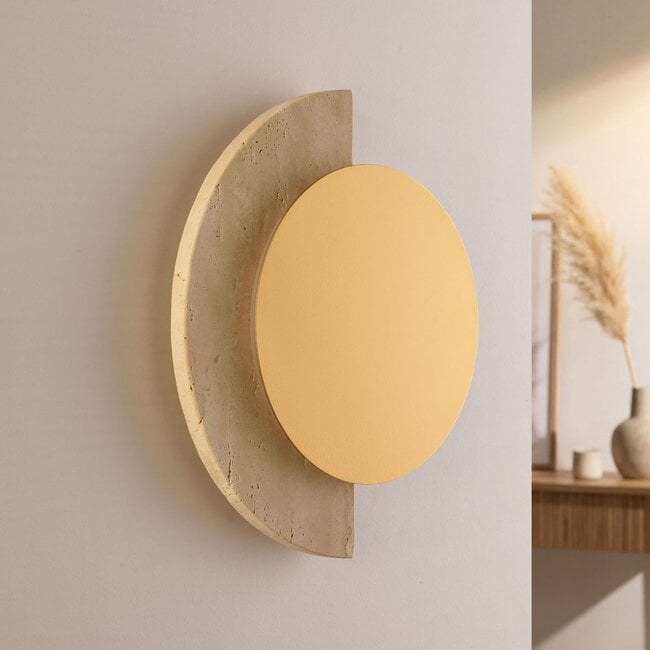 Wall lamp Kiro with integrated LED and travertine (natural stone) in gold and sand beige
