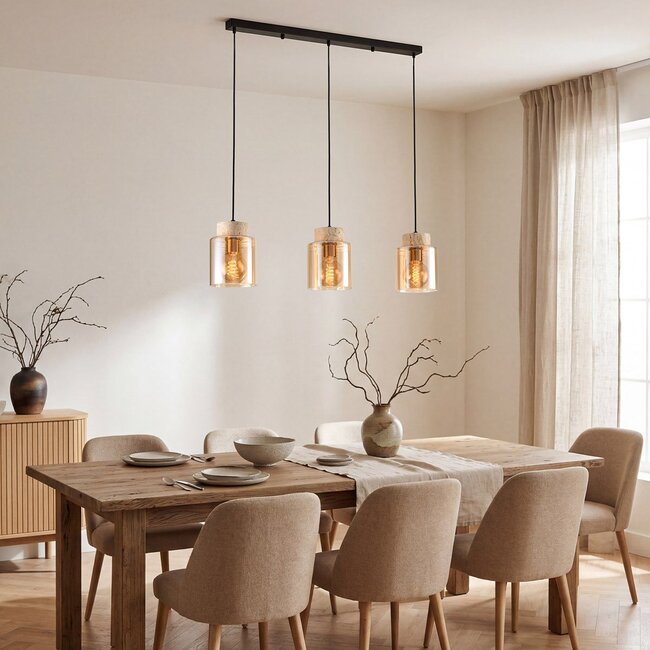 Pendant light Naki 3-light with travertine (natural stone) and amber glass
