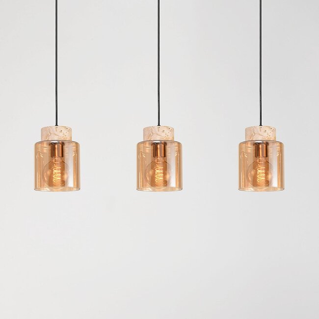 Pendant light Naki 3-light with travertine (natural stone) and amber glass