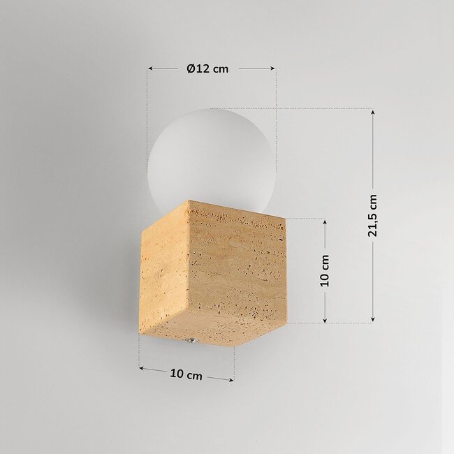 Wall lamp Emi with travertine (natural stone) and opal-white globe