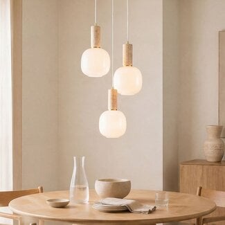 3-light pendant light Vesso with opal white glass shades and travertine