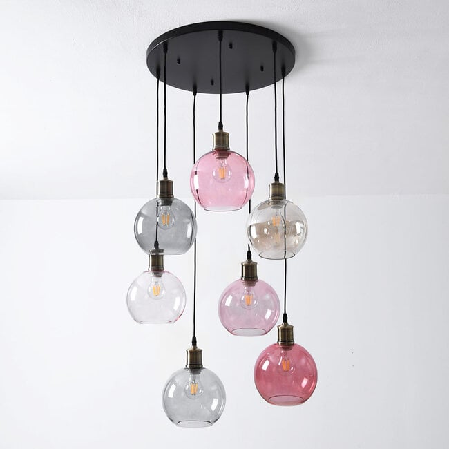 7-light pendant light Liya with coloured glass - smoked, amber and pink