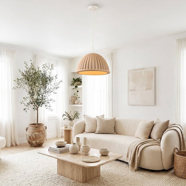 Pendant lamp Hyske with ribbed shade in sand beige
