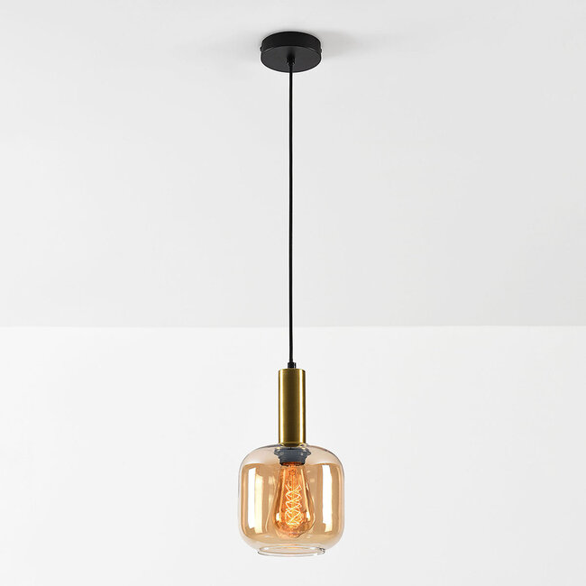 Pendant lamp Appeso in gold with amber glass