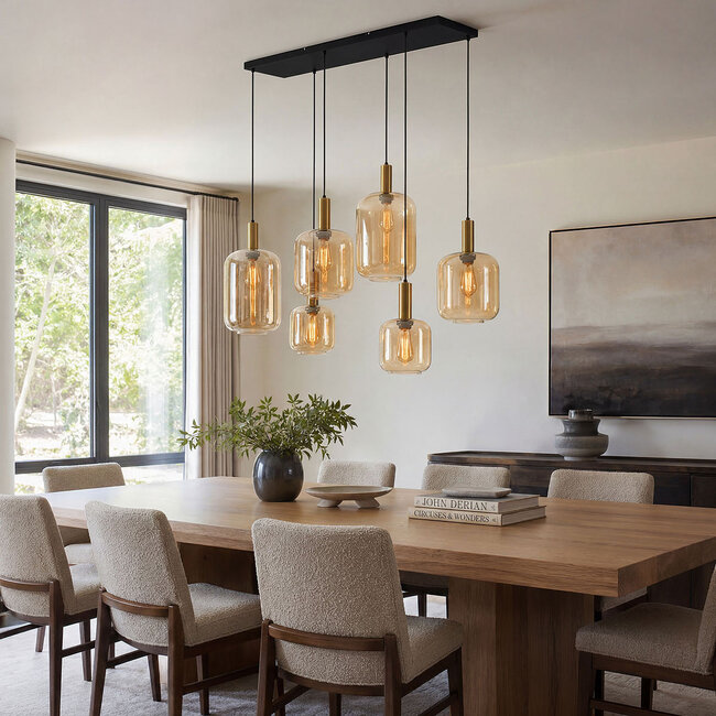 6-light pendant lamp Sei with amber glass and gold