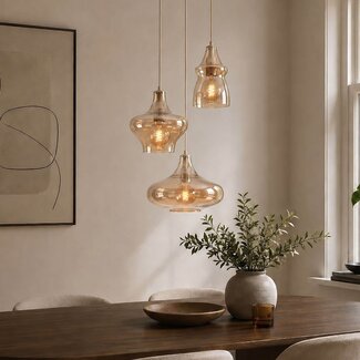 3-light pendant light Trinidad with Amber glass - beige