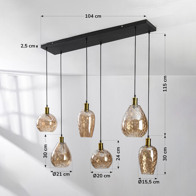 Pendant light Nilo – 6-light amber glass with curved glass