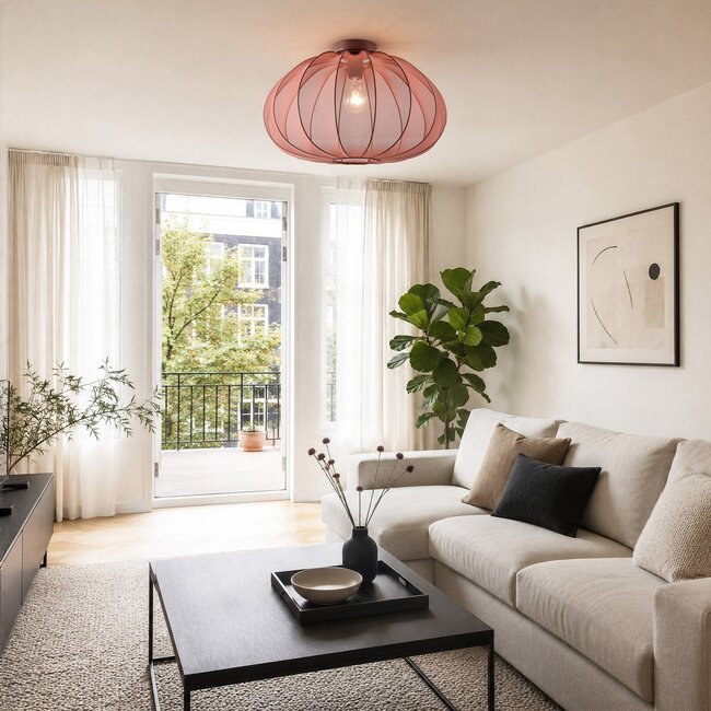 Ceiling light Ecruva with terra pink fabric shade