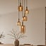5-light pendant lamp Cinque in gold with amber glass