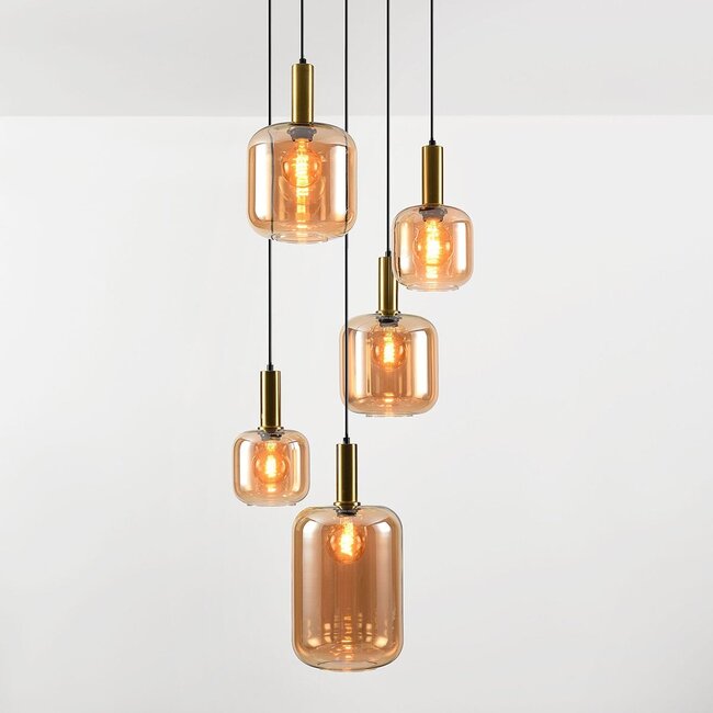 5-light pendant lamp Cinque in gold with amber glass