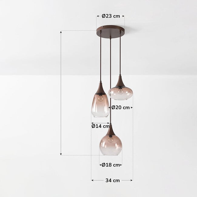 3-light pendant lamp Loua with ombre glass in brown