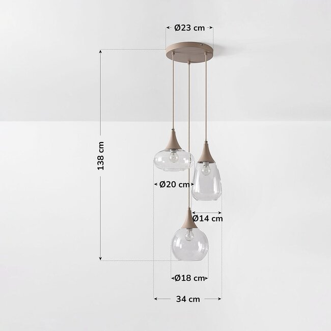 3-light pendant light Loua with transparent glass - sand beige