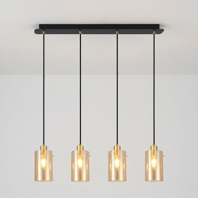 Industrial matt black and sand gold pendant lamp with amber glass 4-light - Tuscon