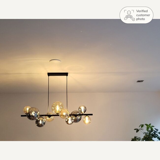 Designer lighting Deka black pendant lamp with amber and smoked glass, 10-light