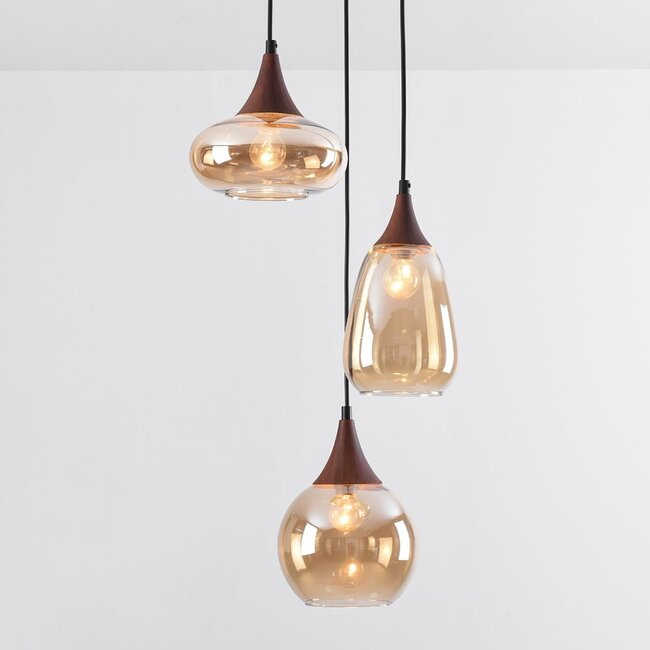Pendant lamp with Amber glass and dark wood effect, 3-light - Loua